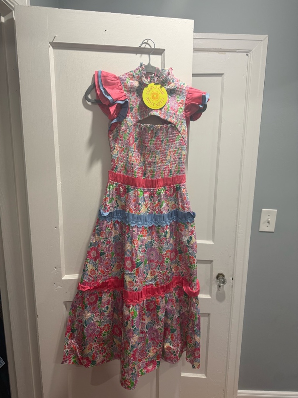 Floral Tiered Dress in Pink with Blue Trim